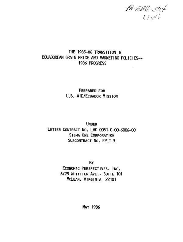 1985-1986 transition in Ecuadorean grain price and marketing policies -- 1986 progress