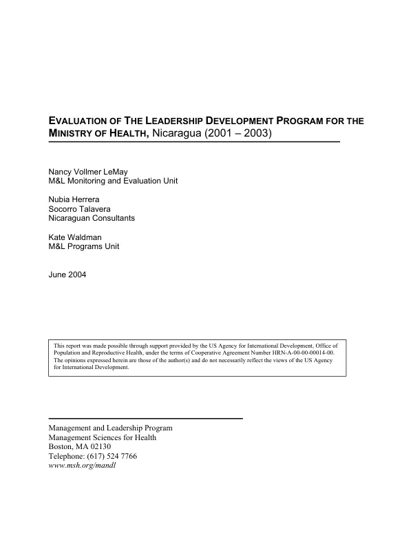 Evaluation of the leadership development program for the Ministry of Health, Nicaragua (2001-2003)