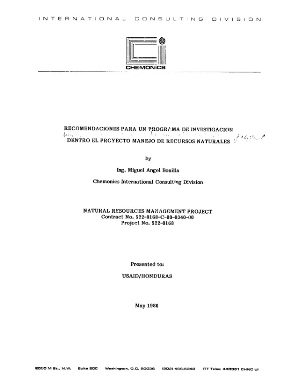 Recomendaciones para un programa de investigacion dentro el proyecto manejo de recursos naturales