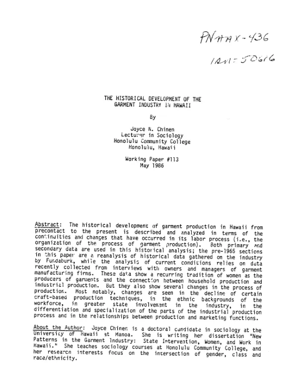 Historical development of the garment industry in Hawaii