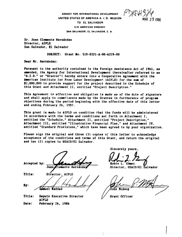 Grant no. 519-0321-A-00-6219-00 : cooperative agreement with the American Institute for Free Labor Development (AIFLD)