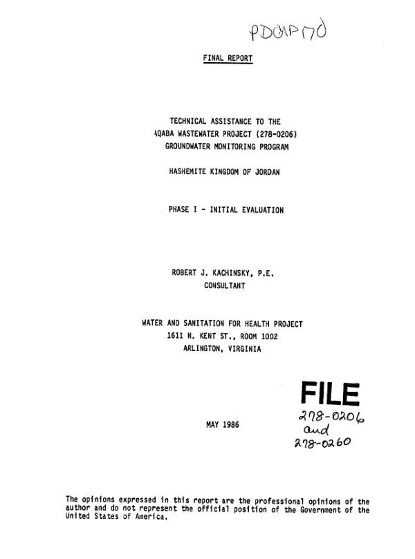 Final report : technical assistance to the Aqaba wastewater project (278-0206) groundwater monitoring program, Hashemite Kingdom of Jordan, phase I - initial evaluation