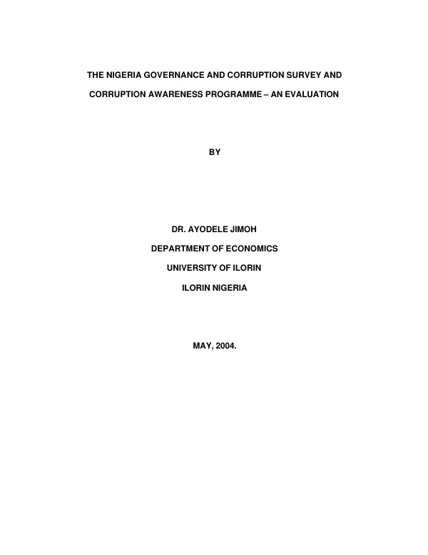 Nigeria governance and corruption survey and corruption awareness programme : an evaluation