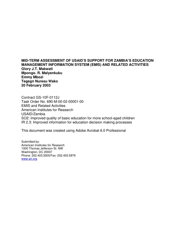 Mid-term assessment of USAID's support for Zambia's education management information system (EMIS) and related activities