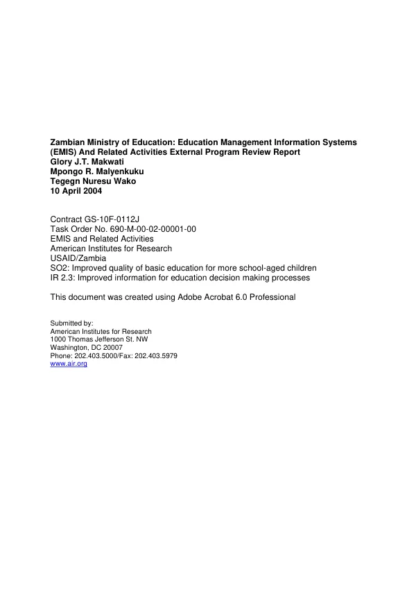 Zambian Ministry of Education : education management information systems (EMIS) and related activities -- external program review report