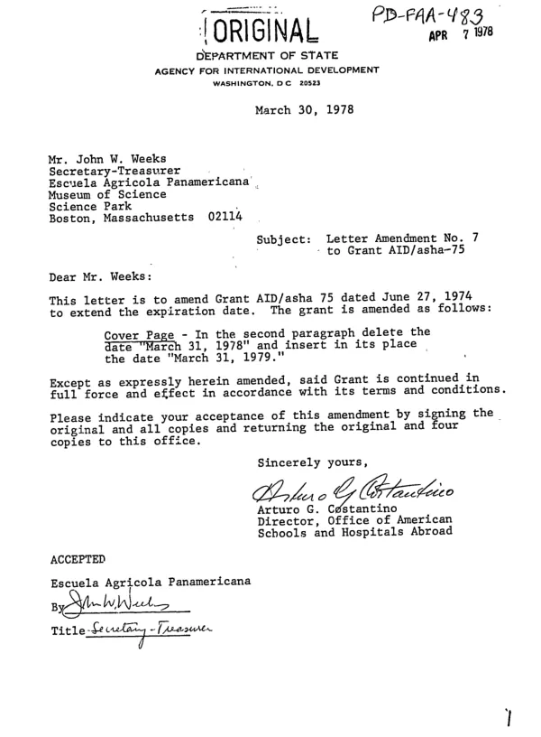 Grant by the United States of America to Escuela Agricola Panamericana