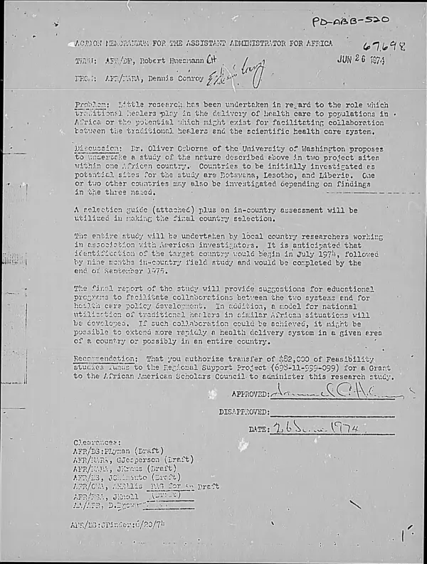 Action memorandum for the Assistant Administrator for Africa [: traditional and scientific health care]