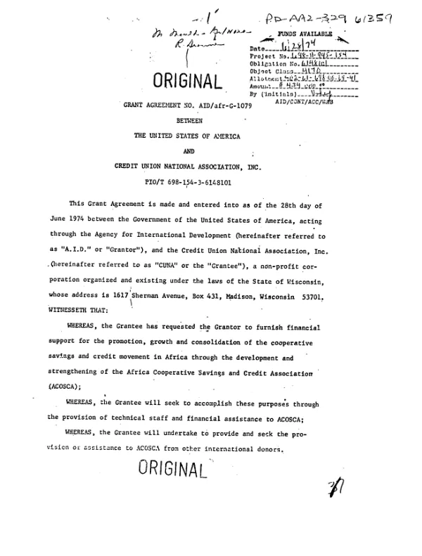 Grant agreement no. AID/AFR-G-1079 between the United States of America and Credit Union National Association, Inc.