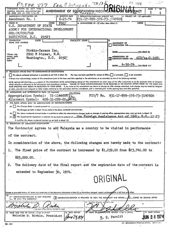 AID contract amendment no. 1 to Rivkin - Carson Inc. for the feasibility and means of adapting international land-use programming techniques for extensive use in small and intermediate sized cities in developing countries