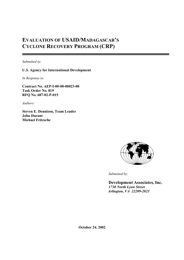 Evaluation of USAID/Madagascar's cyclone recovery program (CRP)