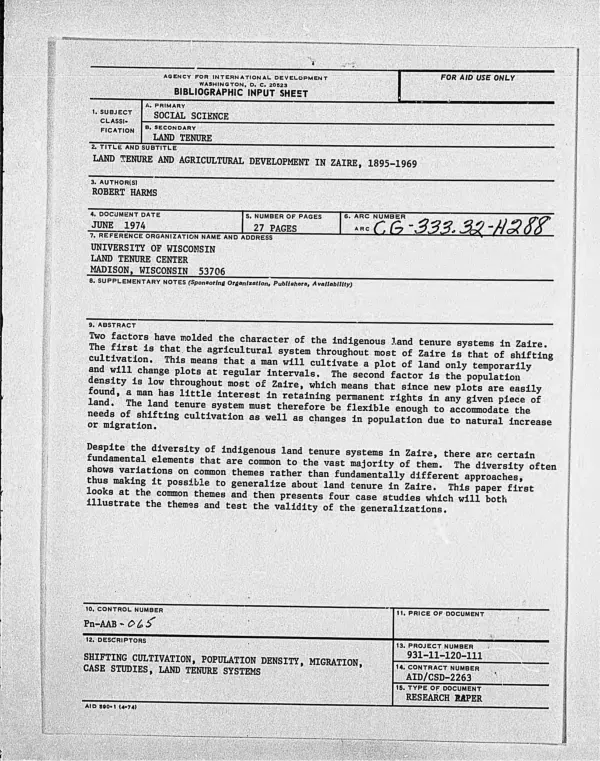 Land tenure and agricultural development in Zaire, 1895-1961