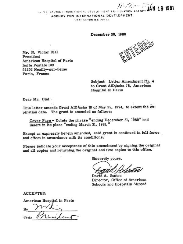 Grant by the United States of America to the American Hospital of Paris
