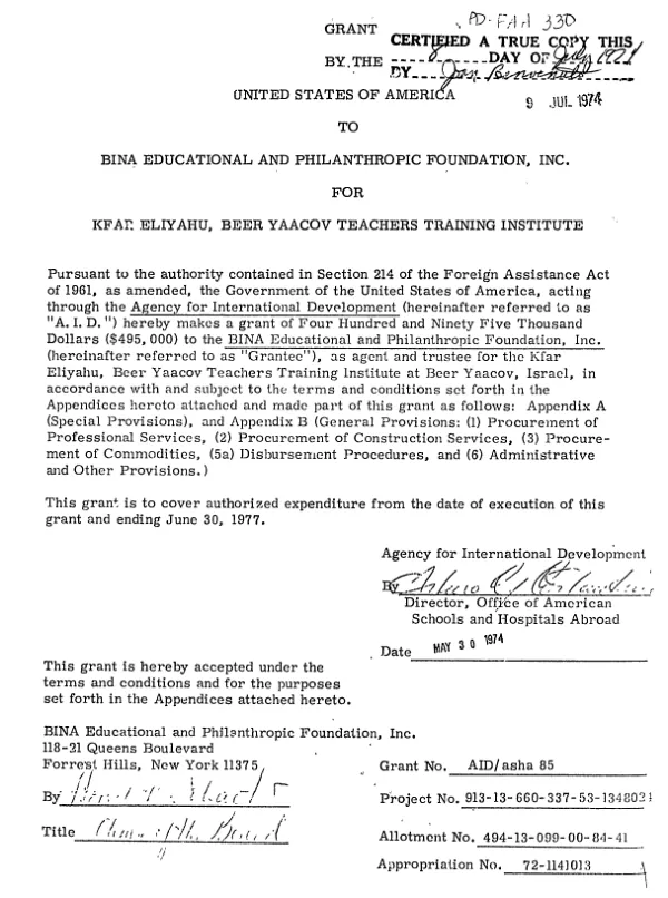 Grant by the United States of America to Bina Educational and Philanthropic Foundation, Inc. for Kfar Eliyahu, Beer Yaacov Teachers Training Institute