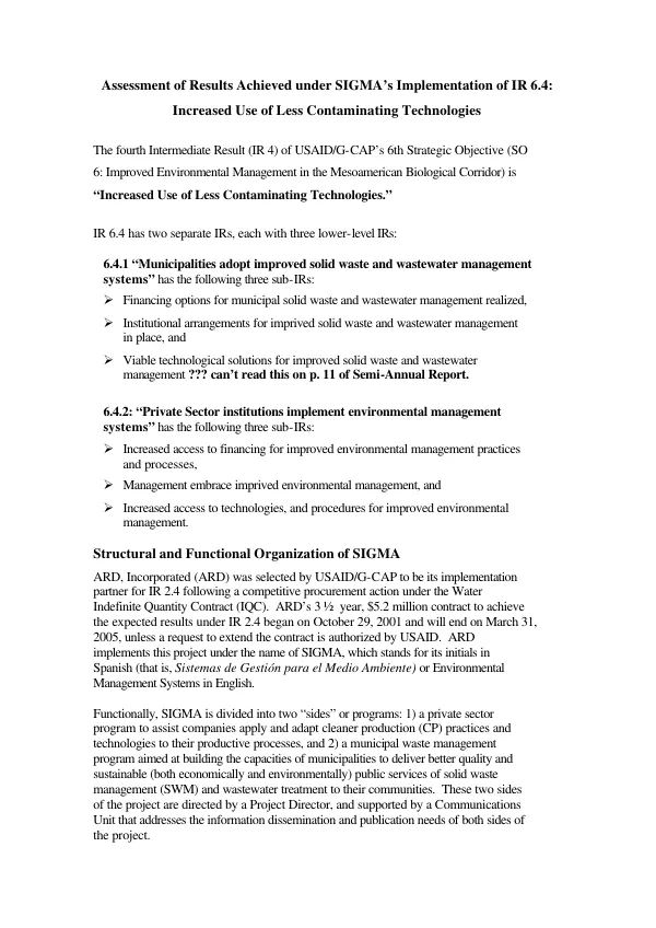 Assessment of results achieved under SIGMA's [sistemas de gestion para el medio ambiente = environmental management systems] implementation of IR 6.4 : increased use of less contaminating technologies