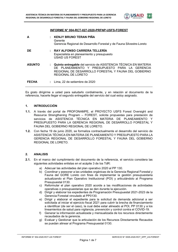 Asistencia Técnica en Materia de Planeamiento y Presupuesto para la Gerencia Regional de Desarrollo Forestal y Fauna del Gobierno Regional de Loreto