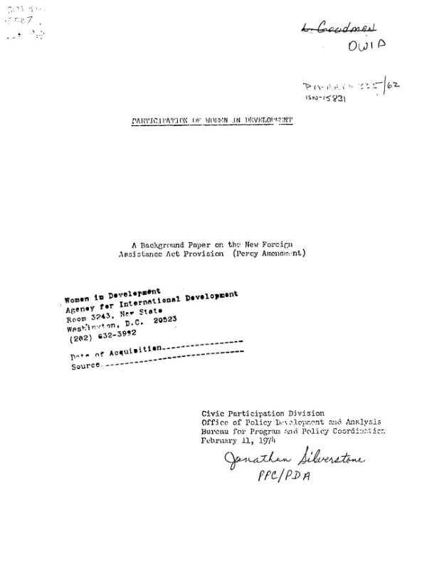 Participation of women in development : background paper on the new foreign assistance act provision (Percy Amendment)