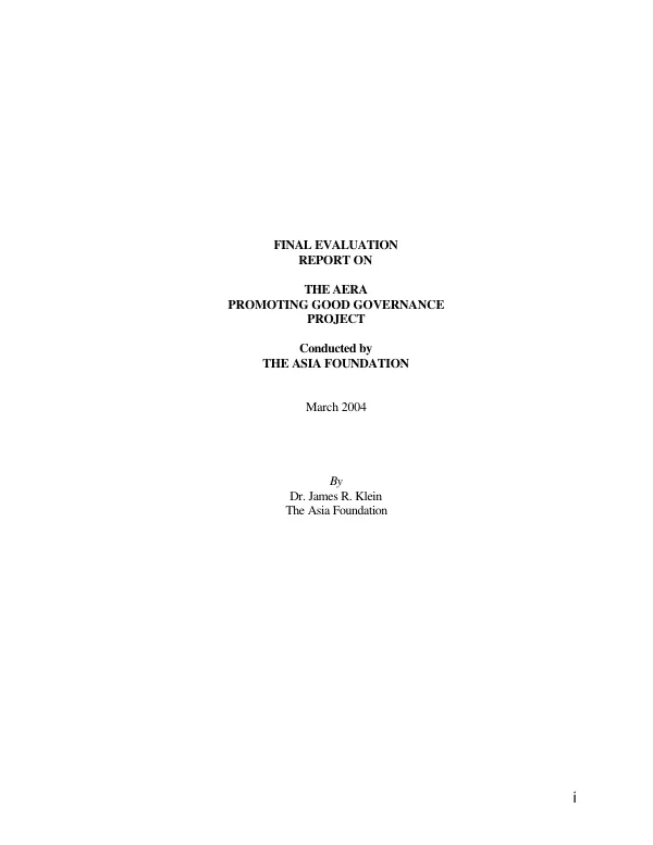 Final evaluation report on the AERA [accelerating economic recovery in Asia] promoting good governance project