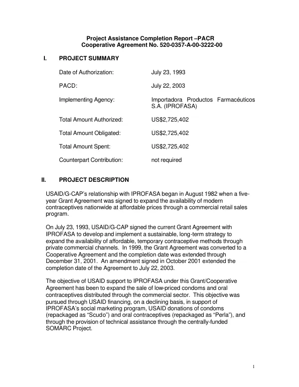 Project assistance completion report (PACR) : cooperative agreement no. 520-0357-A-00-3222-00
