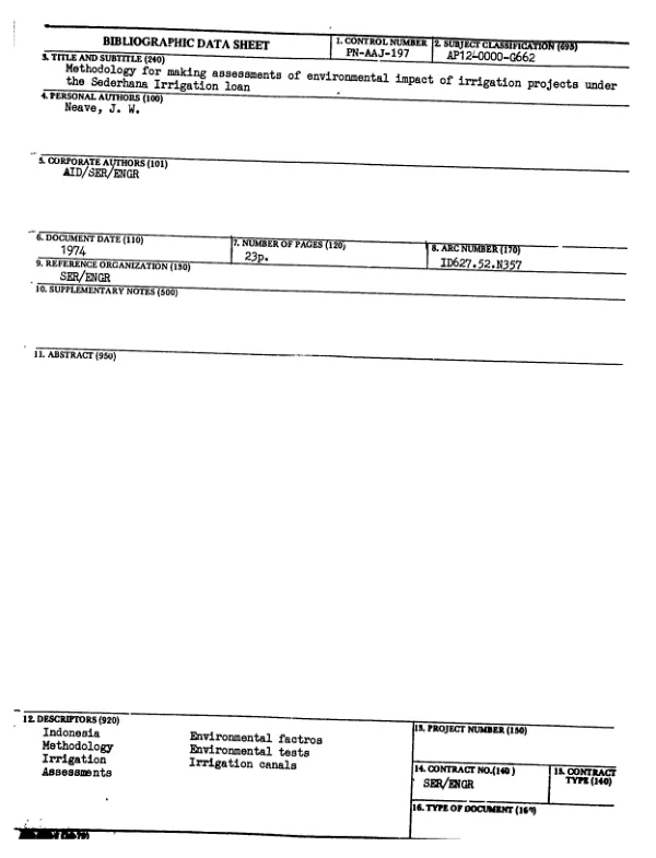 METHODOLOGY FOR MAKING ASSESSMENTS OF ENVIRONMENTAL IMPACT OF IRRIGATION PROJECTS UNDER THE SEDERHANA IRRIGATION LOAN