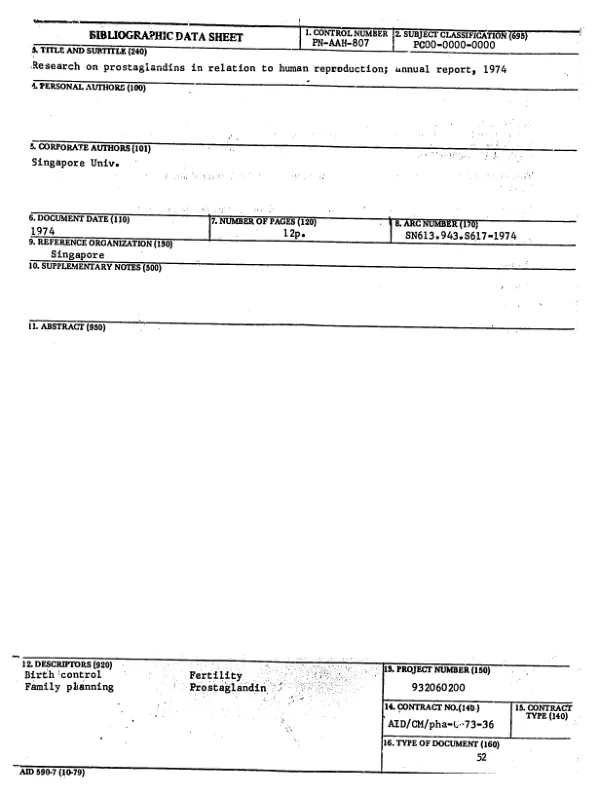 RESEARCH ON PROSTAGLANDIN IN RELATION TO HUMAN REPRODUCTION; ANNUAL REPORT, 1974