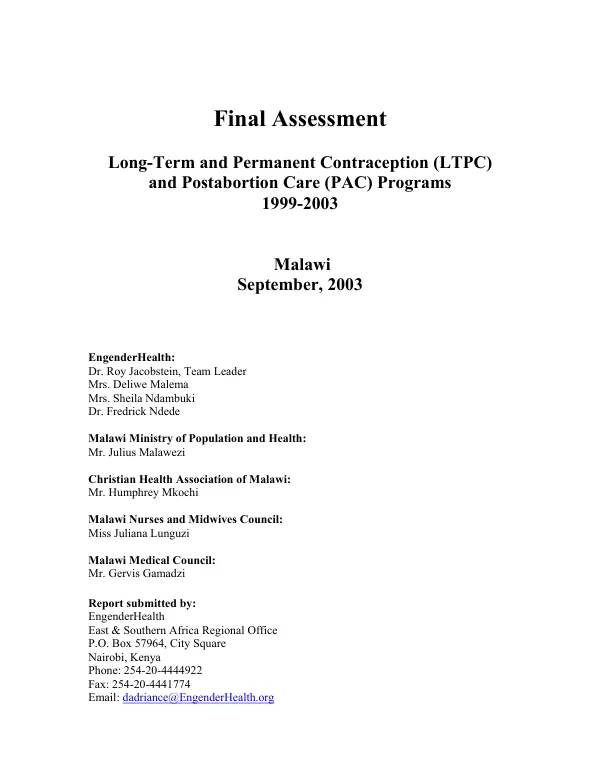 Final assessment : long-term and permanent contraception (LTPC) and postabortion care (PAC) programs, 1999-2003 -- Malawi