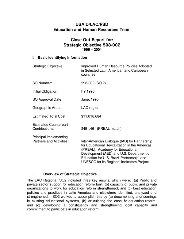 USAID/LAC/RSD education and human resources team : close-out report for strategic objective 598-002 -- 1996-2001