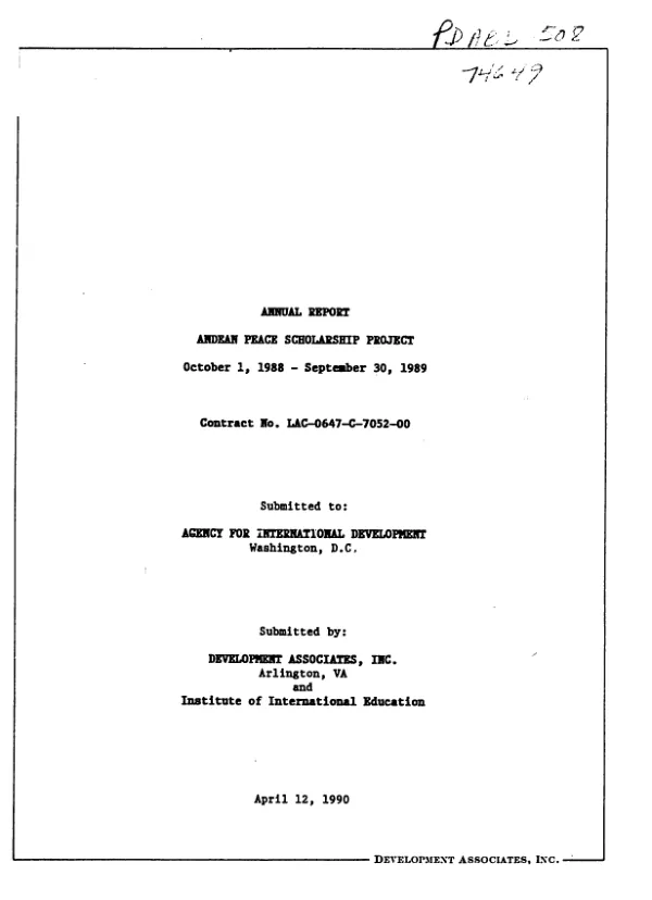 Annual report : Andean peace scholarship project, October 1, 1988-September 30, 1989