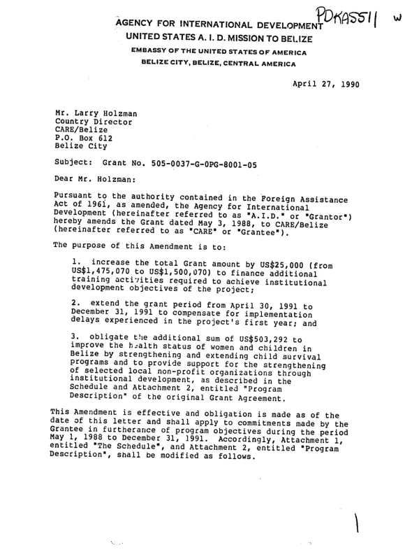 AID grant amendment no. 505-0037-G-OPG-8001-05 to CARE/Belize to improve health status of women and children in Belize