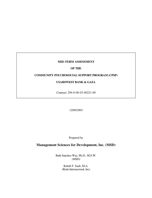 Mid-term assessment of the community psychosocial support program (CPSP) : USAID/West Bank and Gaza