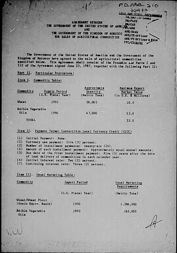 Agreement between the Government of the United States of America and the Government of the Kingdom of Morocco for sales of agricultural commodities