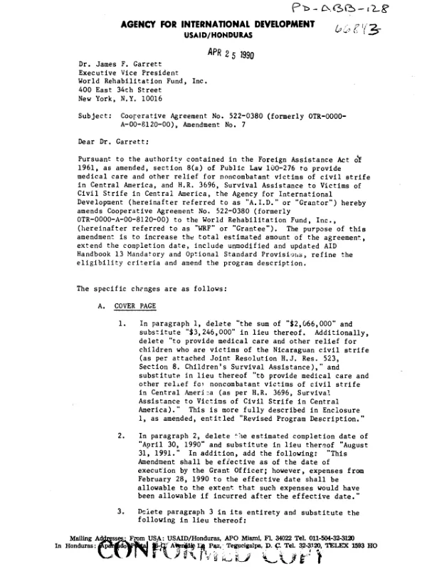 AID cooperative agreement no. 522-0380 (formerly OTR-0000-A-00-8120-00), amendment no. 7 with World Rehabilitation Fund, Inc. for medical care and other relief for noncombatant victims of civil strife in Central America