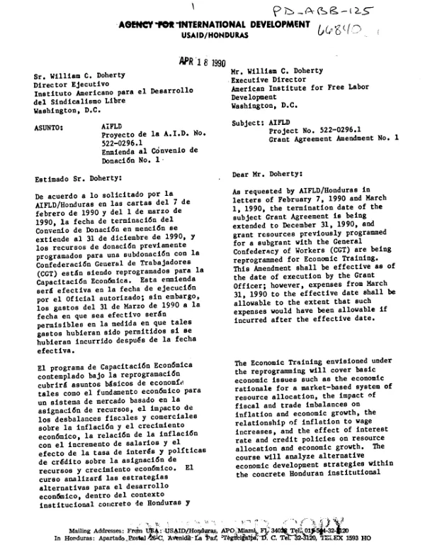 AID project no. 522-0296.01 grant agreement amendment no. 1 with American Institute for Free Labor Development for economic training