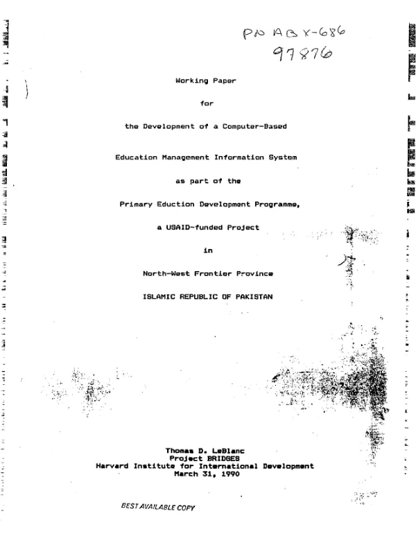Working paper for the development of a computer-based education management information system as part of the primary development programme, a USAID-funded project in North-West Frontier Province, Islamic Republic of Pakistan