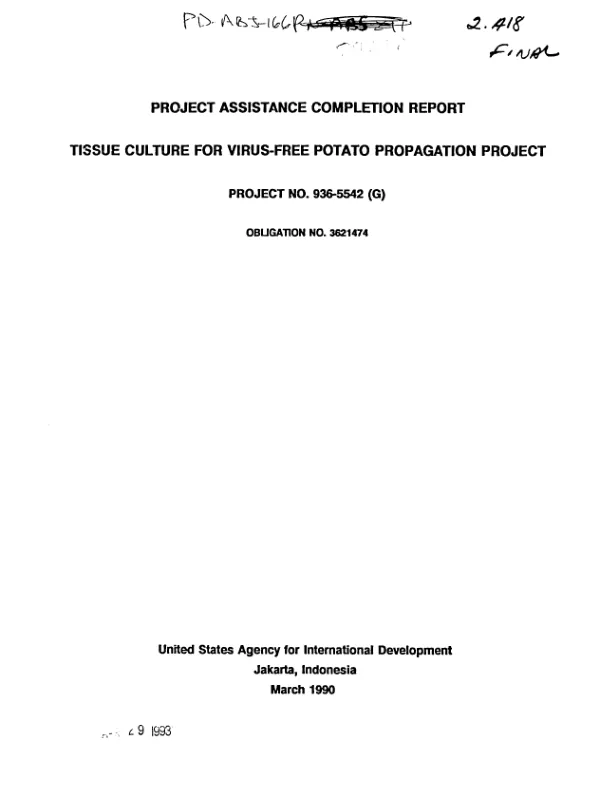Project assistance completion report : tissue culture for virus - free potato propagation project