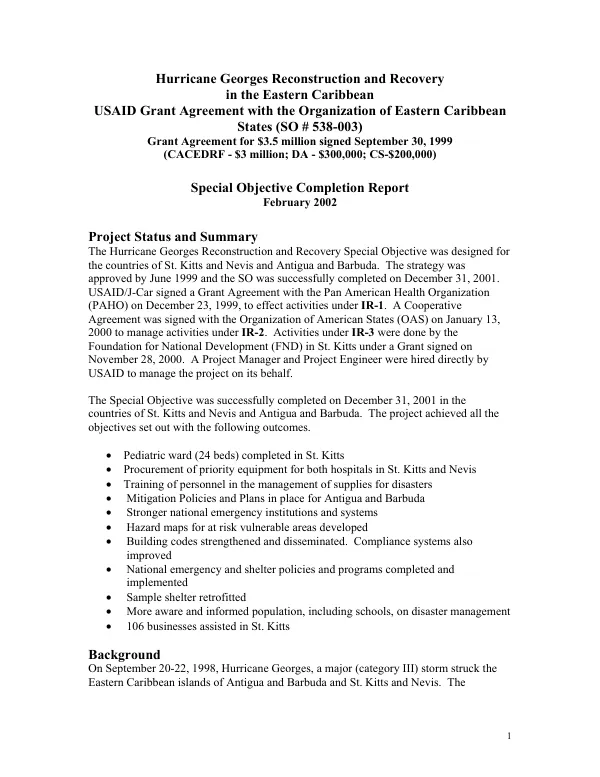 Hurricane Georges reconstruction and recovery in the Eastern Caribbean : USAID grant agreement with the Organization of Eastern Caribbean States (SO # 538-003) -- special objective completion report