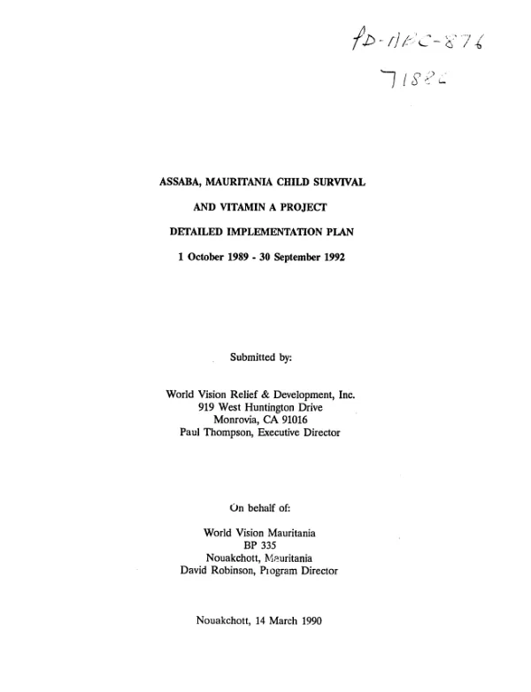 Assaba, Mauritania child survival and vitamin A project : detailed implementation plan, 1 October 1989-30 September 1992