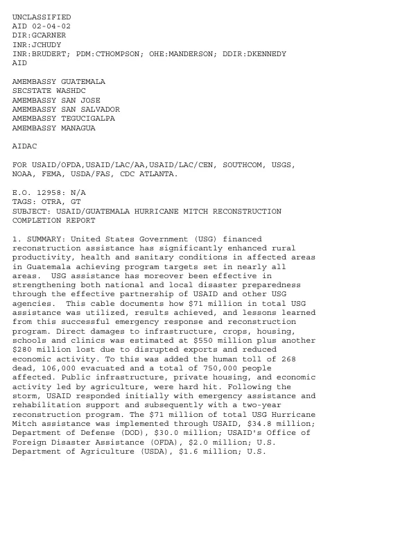 USAID/Guatemala Hurricane Mitch reconstruction completion report