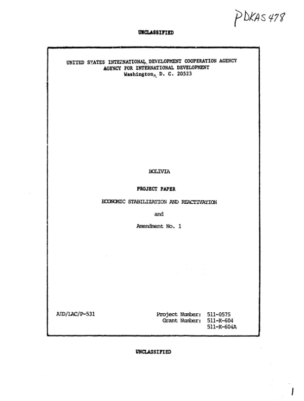 Bolivia : project paper [PAAD], economic stabilization and reactivation and amendment no. 1