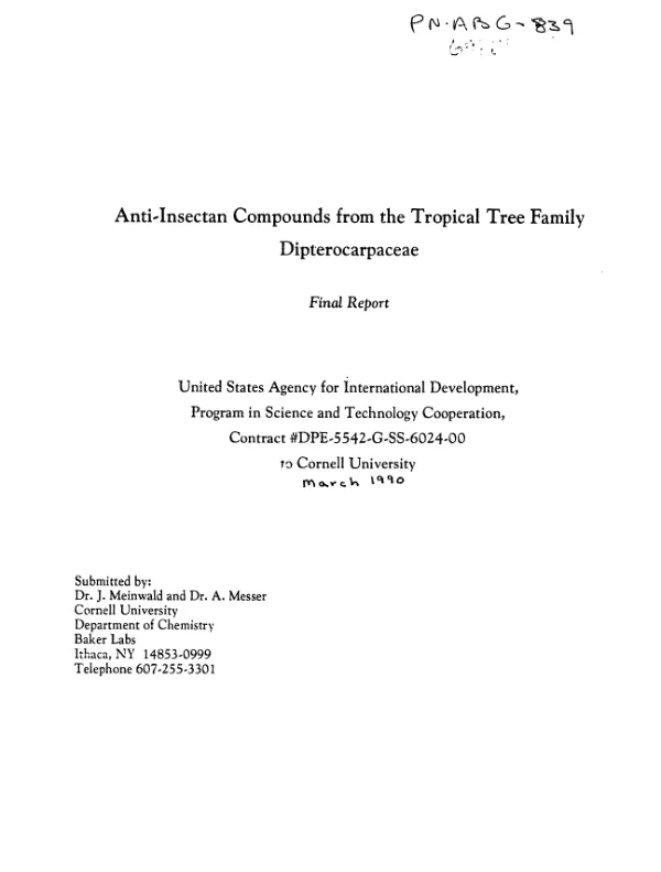 Anti-insectan compounds from the tropical tree family Dipterocarpaceae : final report
