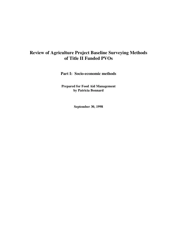 Review of agriculture project baseline surveying methods of Title II funded PVOs -- part I : socio-economic methods