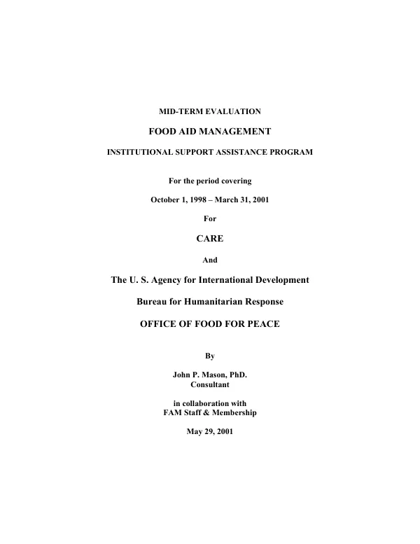 Mid-term evaluation : food aid management institutional support assistance program for the period covering October 1, 1998-March 31, 2001