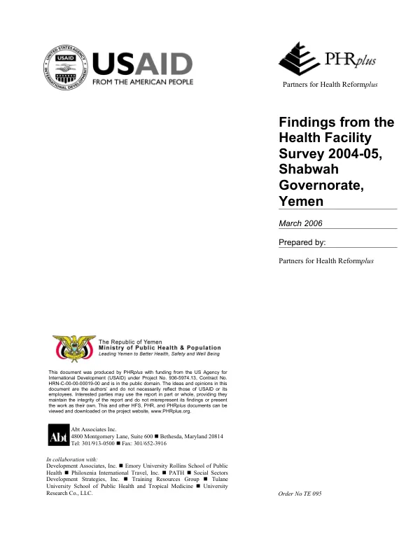 Findings from the health facility survey 2004-05, Shabwah Governorate, Yemen