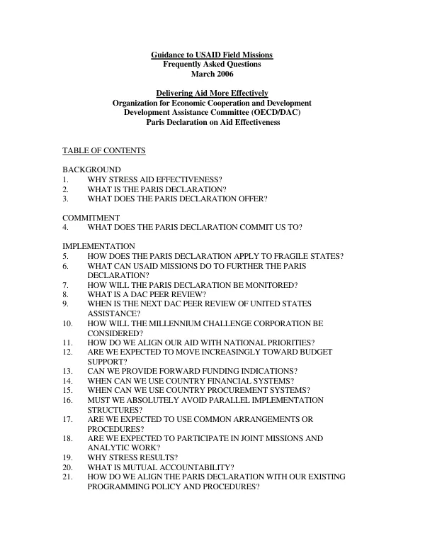 Guidance to USAID field missions : frequently asked questions -- delivering aid more effectively .... Paris Declaration on Aid Effectiveness