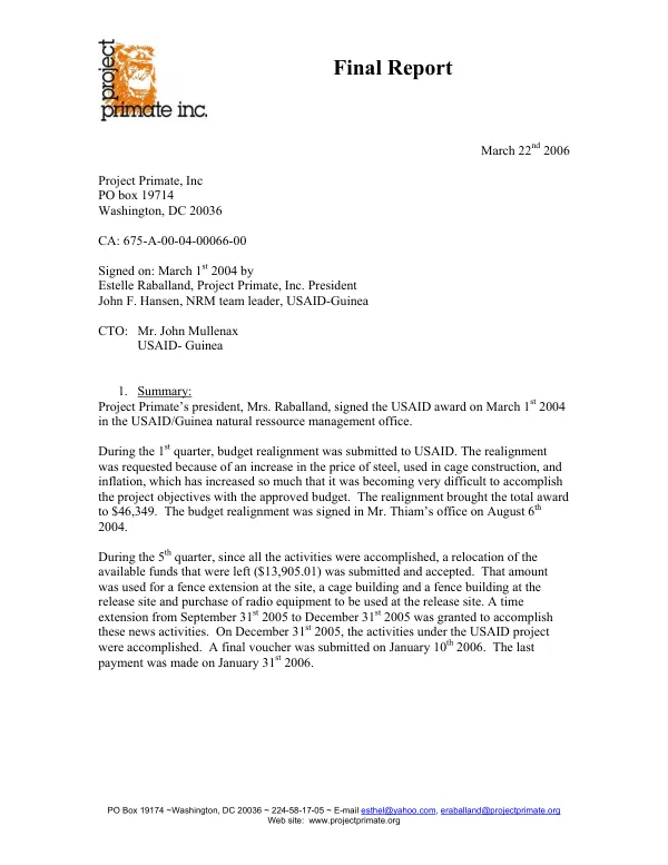 Final report for USAID cooperative agreement 675-A-00-04-00066-00