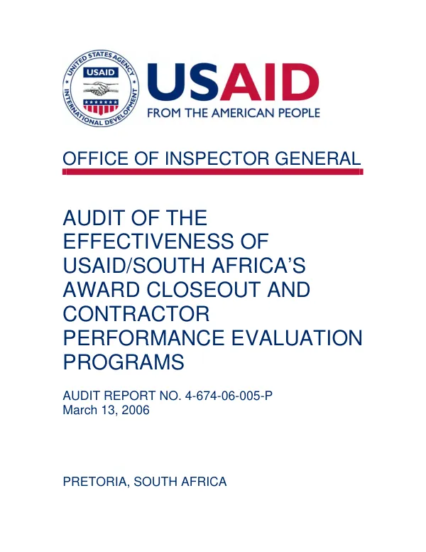 Audit of the effectiveness of USAID/South Africa"s award closeout and contractor performance evaluation programs