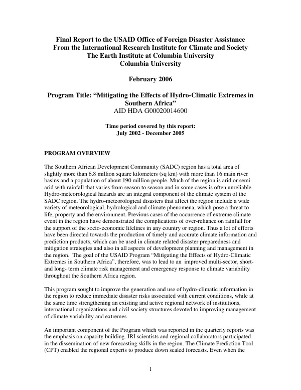Mitigating the effects of hydro-climatic extremes in Southern Africa, AID HDA G00020014600, July 2002-December 2005 : final report