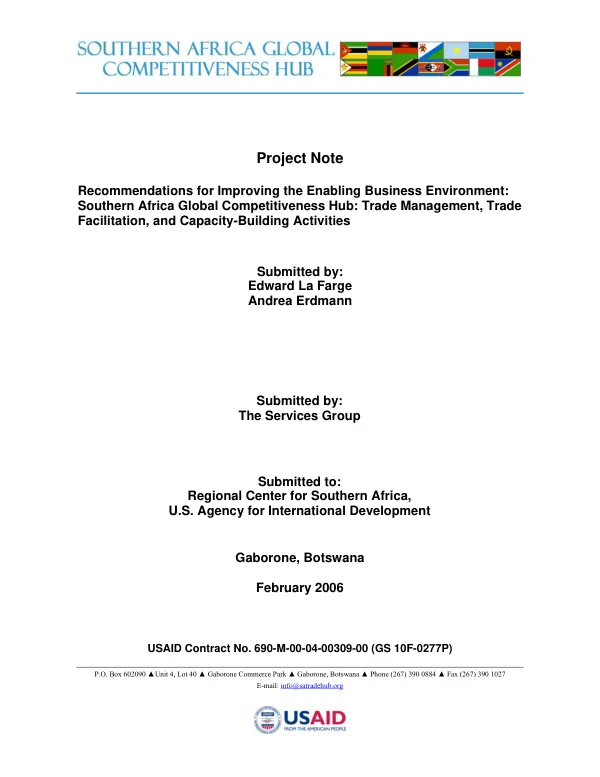 Recommendations for improving the enabling business environment : Southern Africa global competitiveness hub -- trade management, trade facilitation, and capacity-building activities