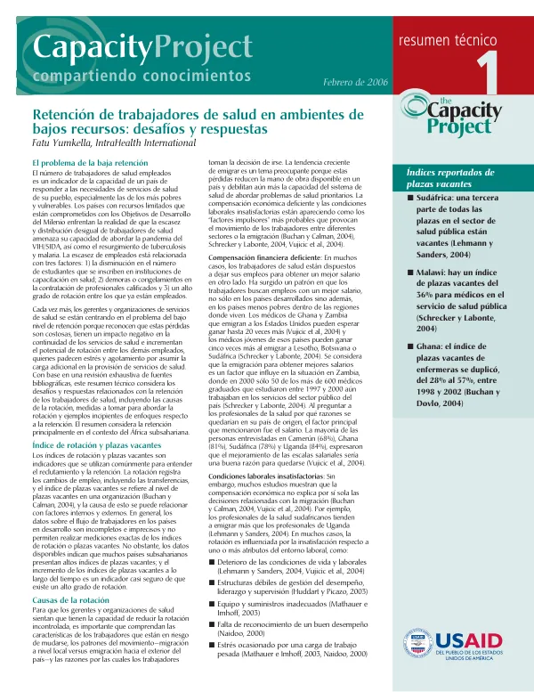 Retencion de trabajadores de salud en ambientes de bajos recursos : desafios y respuestas