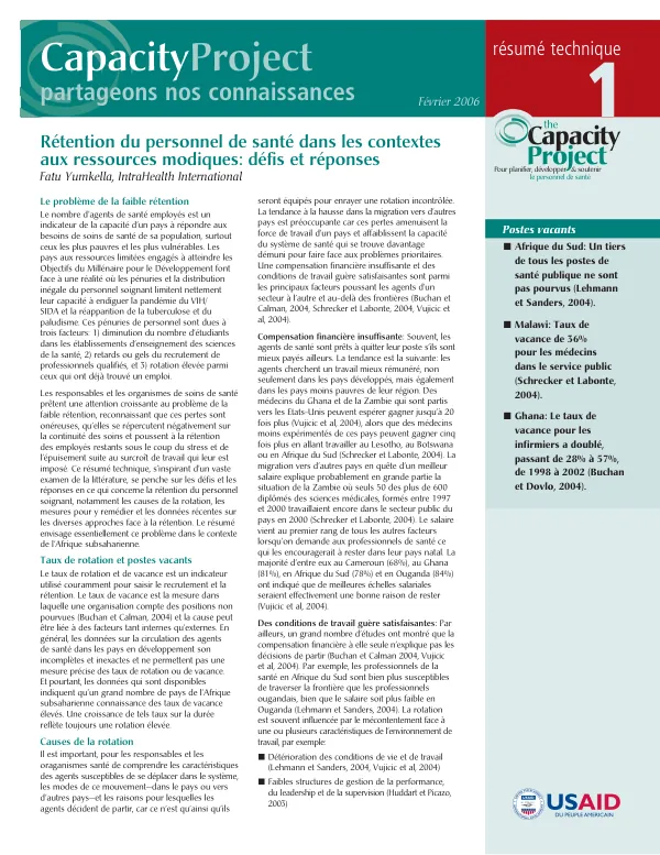 Retention du personnel de sante dans les contextes aux ressources modiques : defis et reponses