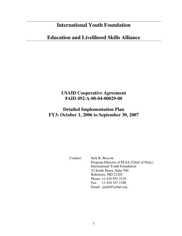 International Youth Foundation : education and livelihood skills alliance -- USAID cooperative agreement #AID 492-A-00-04-00029-00 : detailed implementation plan FY3, October 1, 2006 to September 30, 2007
